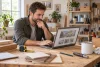 Un bricoleur consulte un blog maison générique depuis son établi.