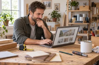 Un bricoleur consulte un blog maison générique depuis son établi.