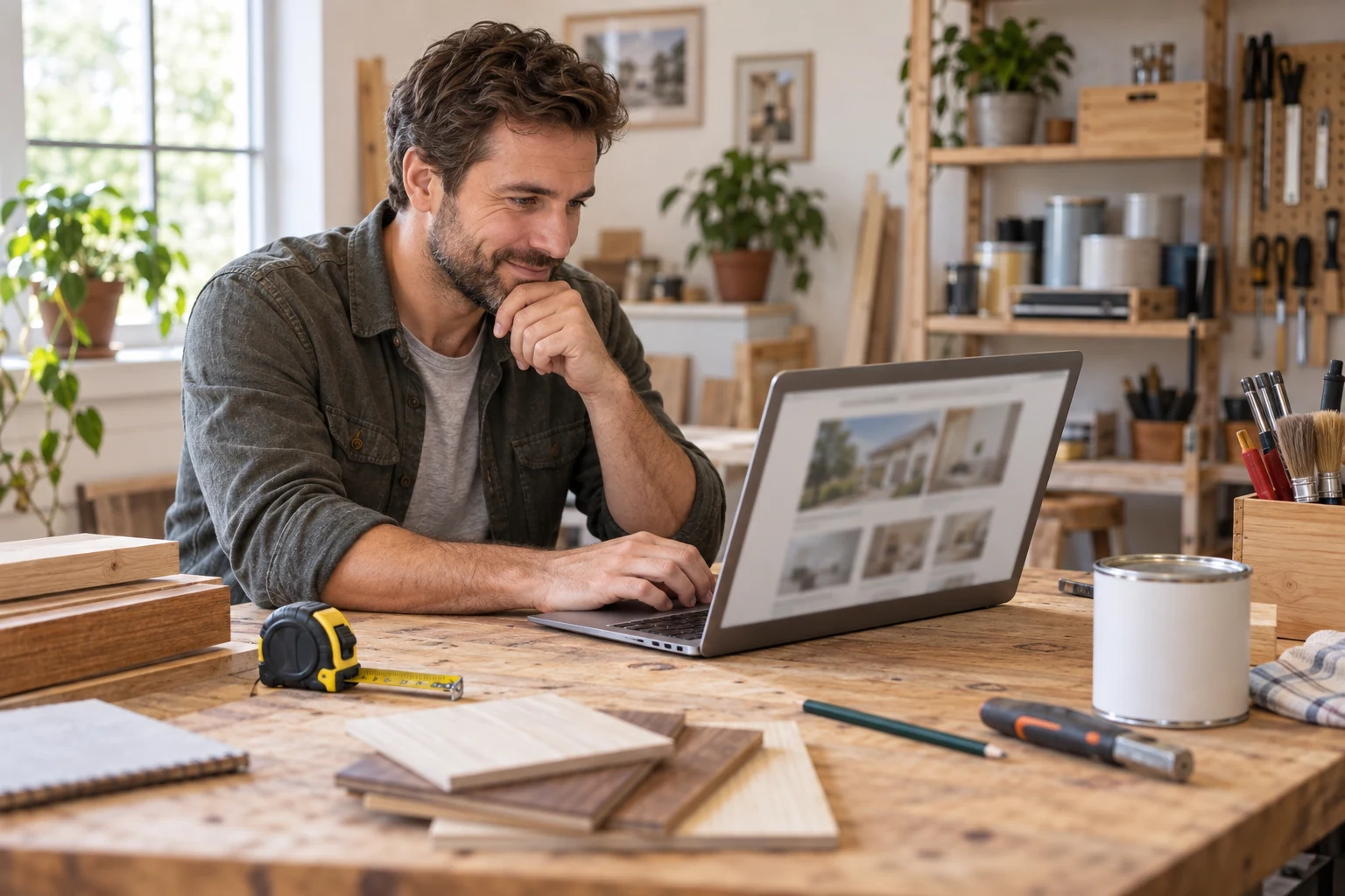 Un bricoleur consulte un blog maison générique depuis son établi.