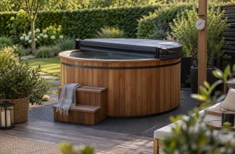 Bain nordique rond en bois avec couvercle rigide et thermomètre dans un jardin sécurisé.