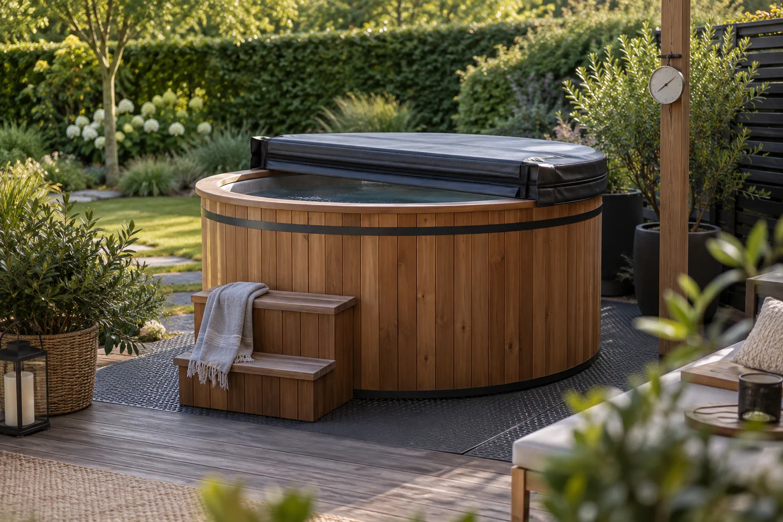 Bain nordique rond en bois avec couvercle rigide et thermomètre dans un jardin sécurisé.