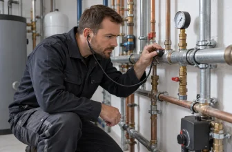 Plombier qualifié écoutant une canalisation et consultant un manomètre dans un local technique sec.