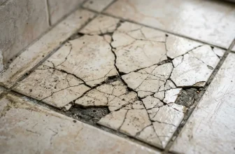 Carrelage blanc cassé avec fissures et débris sur sol
