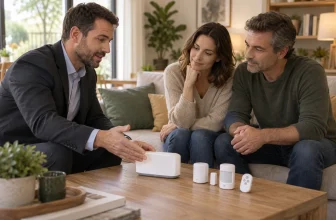 Conseiller présentant un système d’alarme domestique générique à un couple dans un salon.