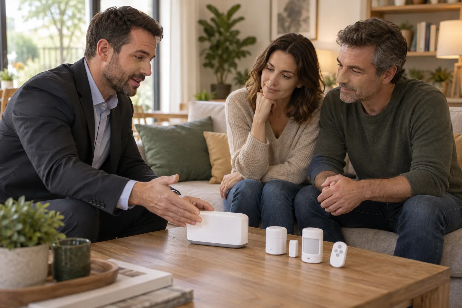 Conseiller présentant un système d’alarme domestique générique à un couple dans un salon.