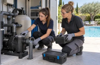 Deux techniciennes contrôlent ensemble la pompe et le filtre d’une piscine.