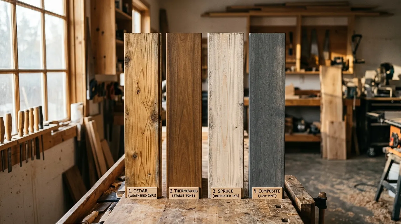 Échantillons de bois et de composite comparés dans un atelier de menuiserie.