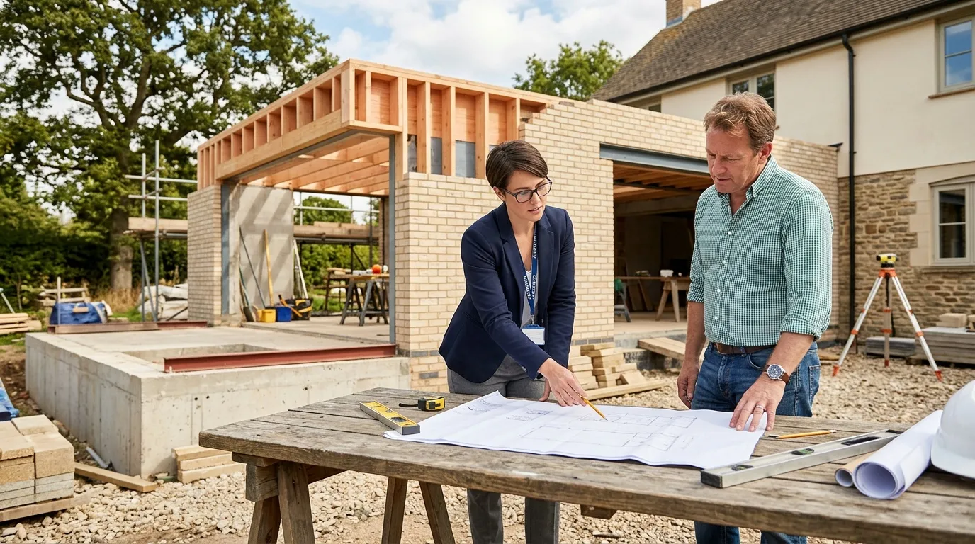 Architecte et propriétaire examinent des plans devant une extension résidentielle en chantier.