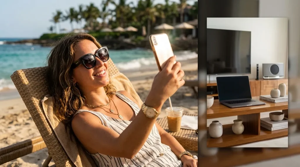Femme à la plage versus espace de travail moderne avec ordinateur