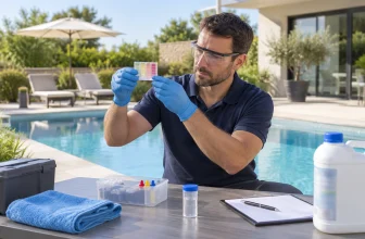 Professionnel portant des gants et des lunettes examinant un comparateur coloré au bord d’une piscine.