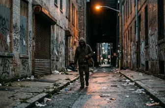 Homme en hoodie courant seul dans une ruelle urbaine sombre la nuit