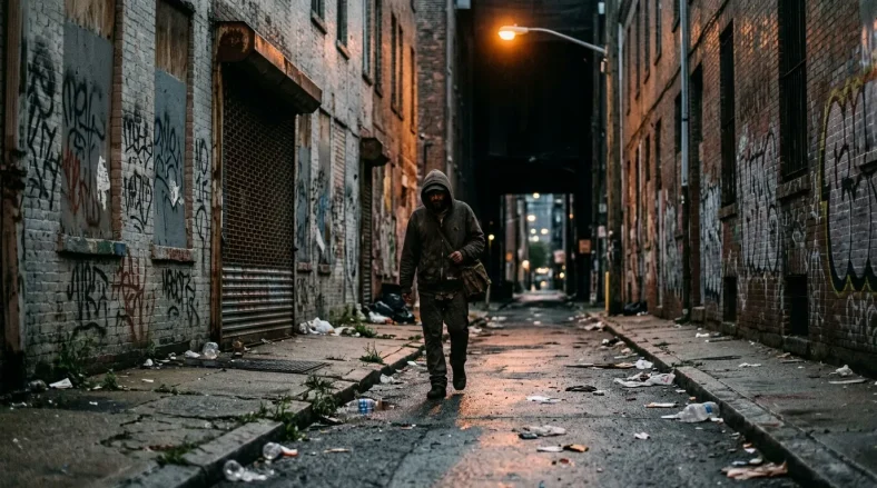 Homme en hoodie courant seul dans une ruelle urbaine sombre la nuit