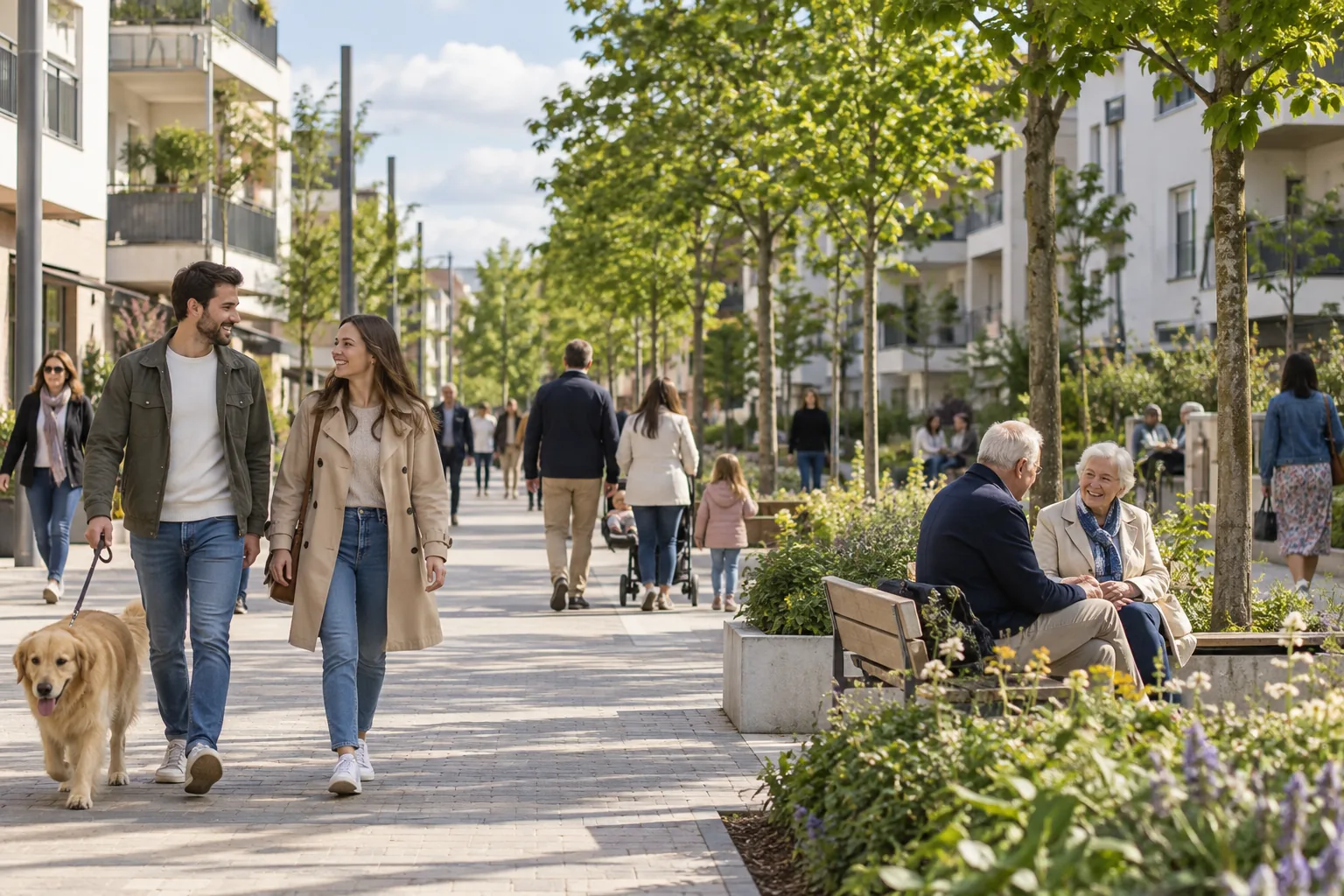 Promeneurs dans un espace urbain résidentiel générique bordé d’arbres.