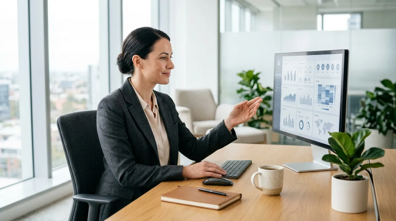 Professionnelle consultant des données génériques sur un écran de bureau.