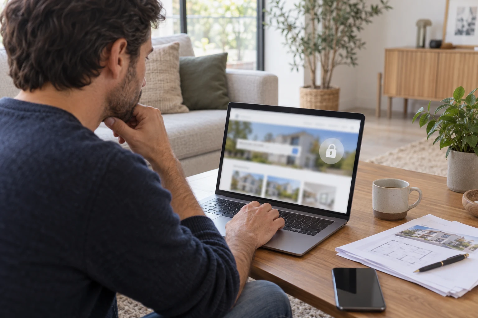 Un homme consulte un portail immobilier sécurisé générique sur son ordinateur portable.