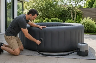 Personne gonflant prudemment un spa circulaire vide sur une surface plane et sèche.