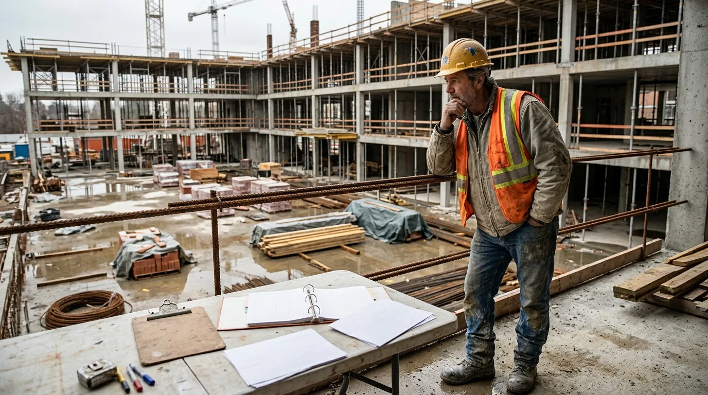 Ouvrier casqué consultant des plans sur un chantier de construction.