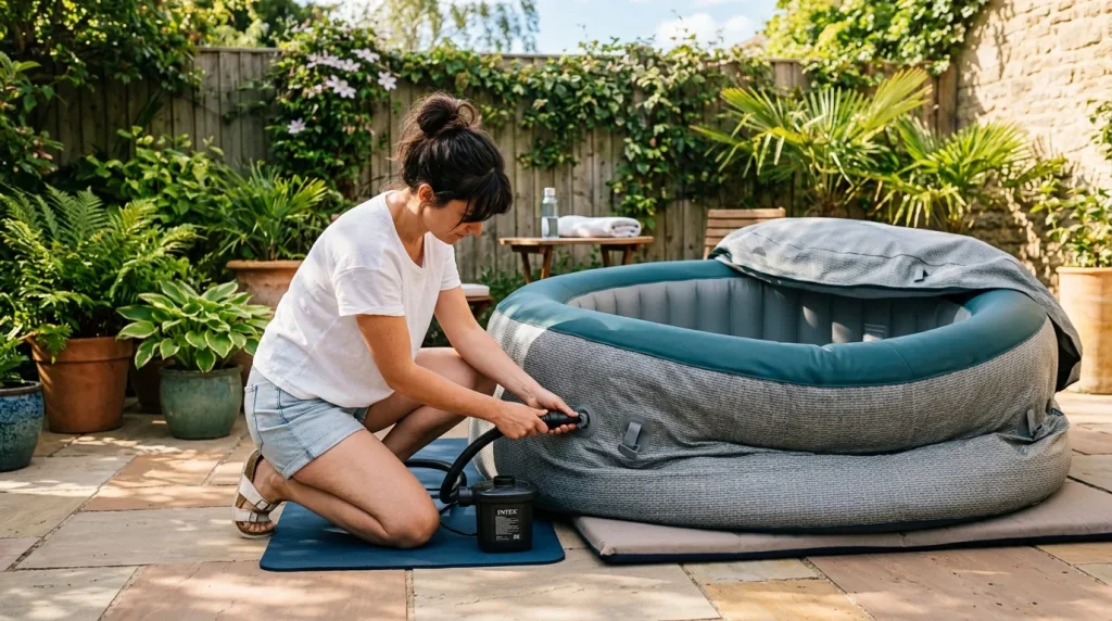 Femme gonflant un spa portable dans un jardin ensoleillé