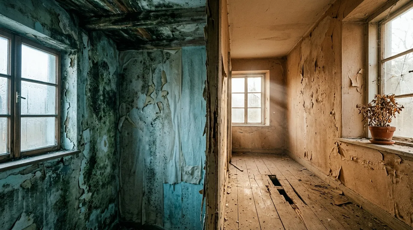 Deux pièces vides aux murs très dégradés avec des traces sombres d’humidité.