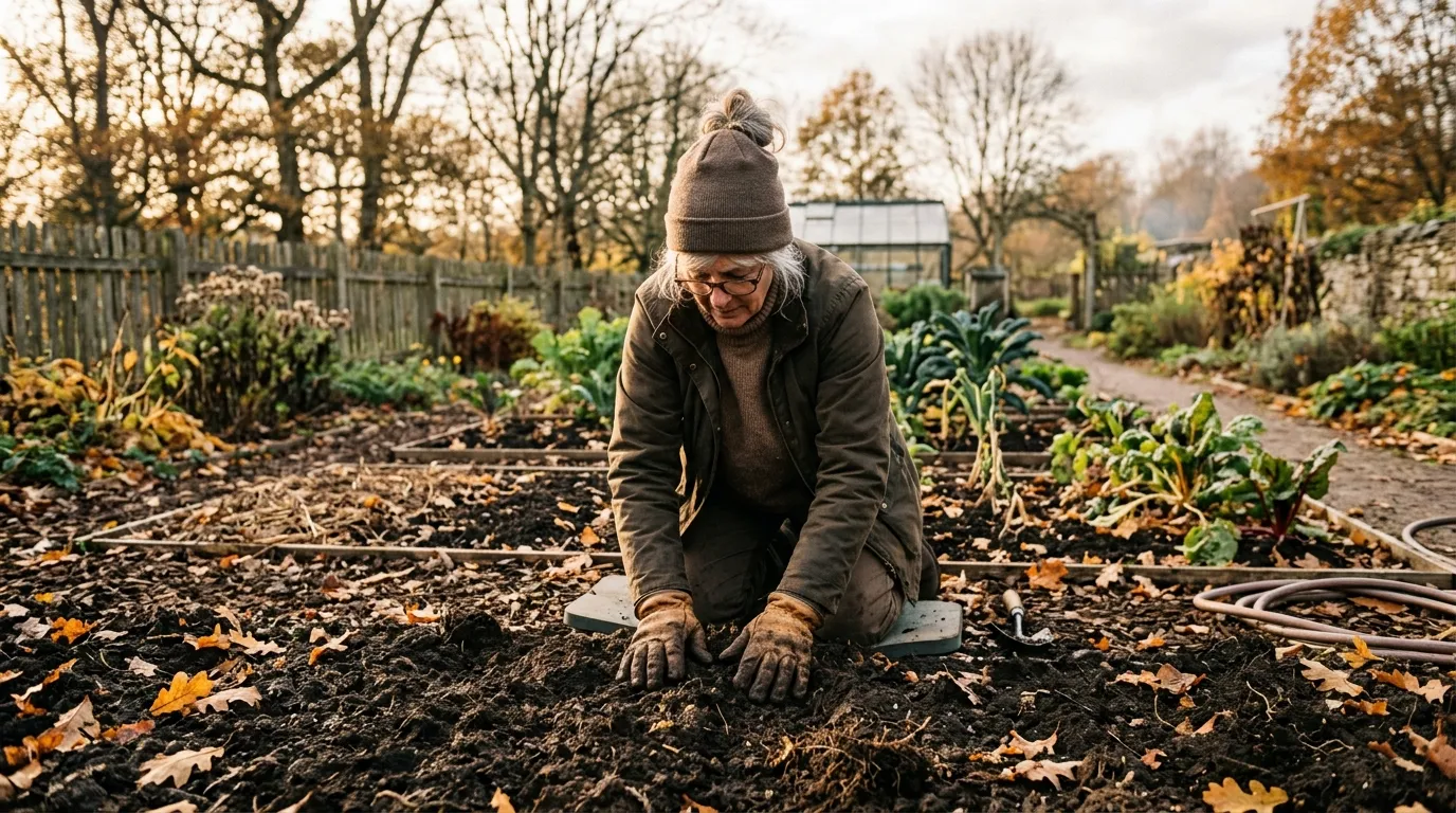 Jardinière agenouillée préparant manuellement la terre de son potager.