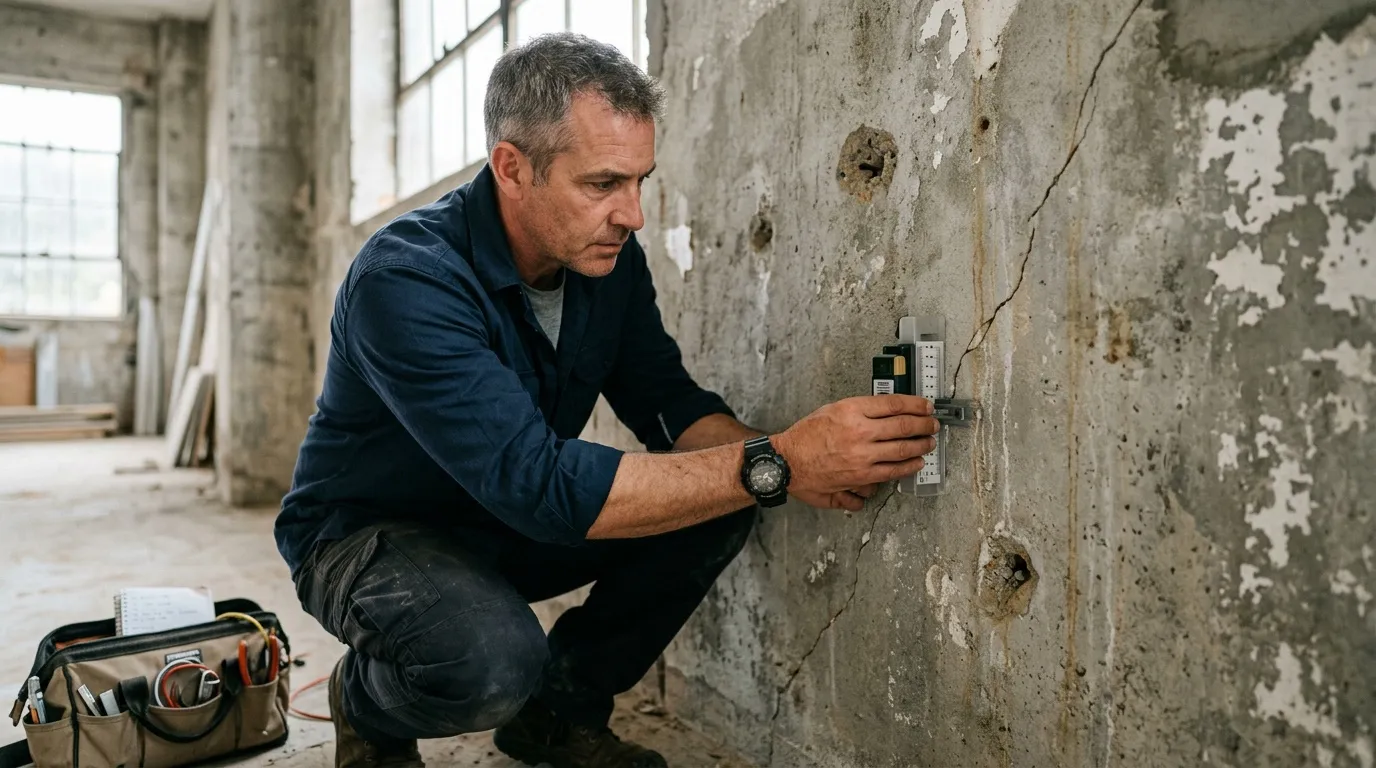 Ouvrier accroupi inspectant un mur abîmé près d’une prise électrique.