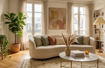 Salon moderne avec canapé beige, plantes vertes et fenêtres parisiennes