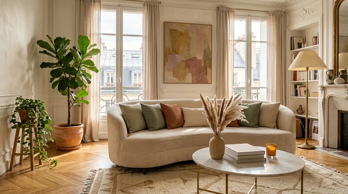 Salon lumineux avec canapé beige, plantes vertes et grandes fenêtres.