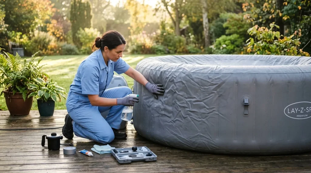 Femme en bleu entretenant un spa gonflable Lay-Z-Spa