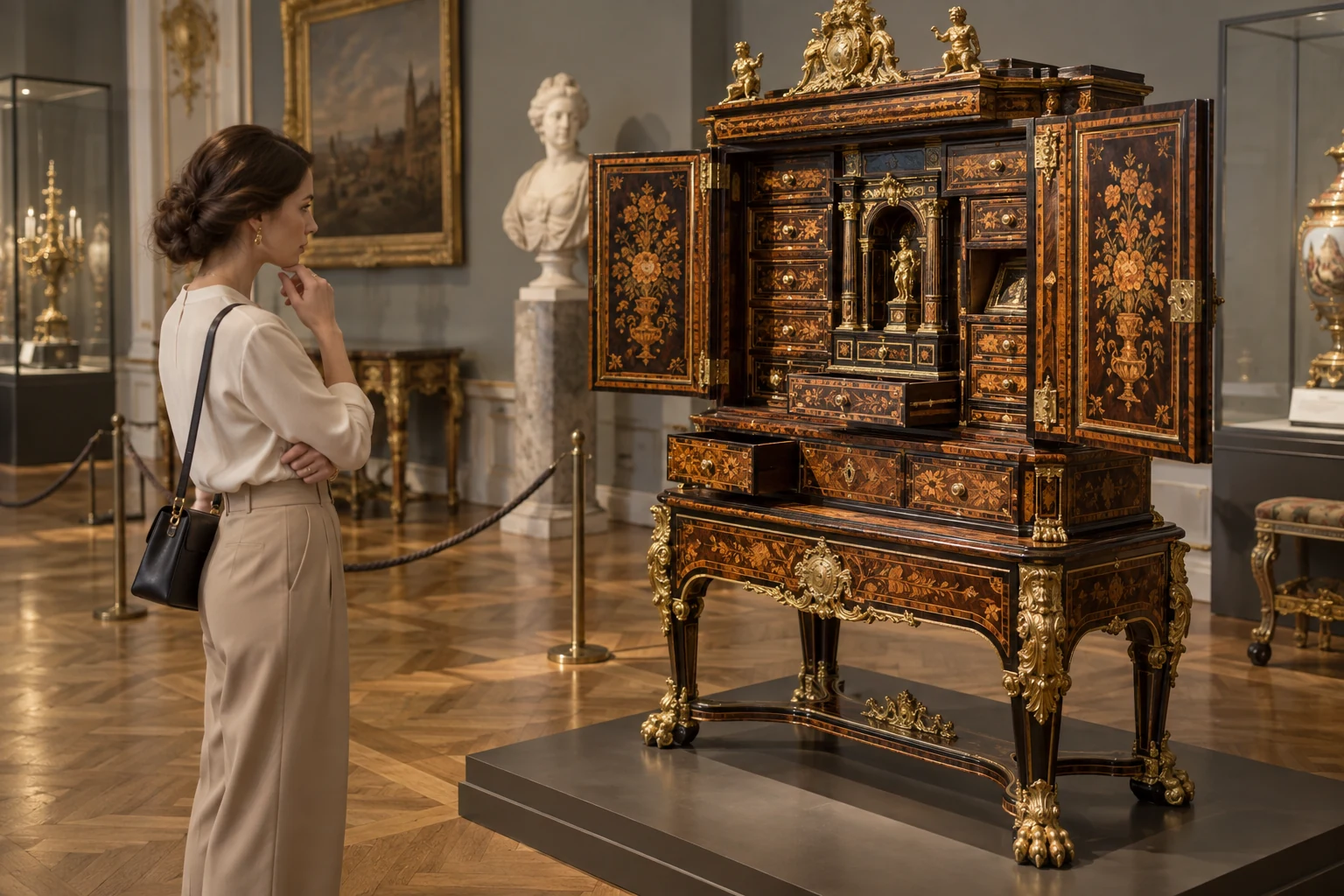Une visiteuse observe un cabinet russe richement marqueté dans une galerie de musée.