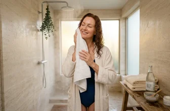 Femme souriante séchant son visage dans une salle de bain luxueuse