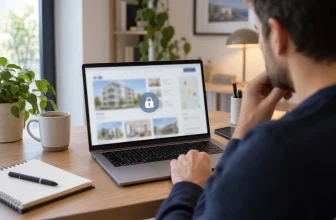 Adulte consultant un portail immobilier générique flouté avec un symbole de cadenas sur ordinateur.