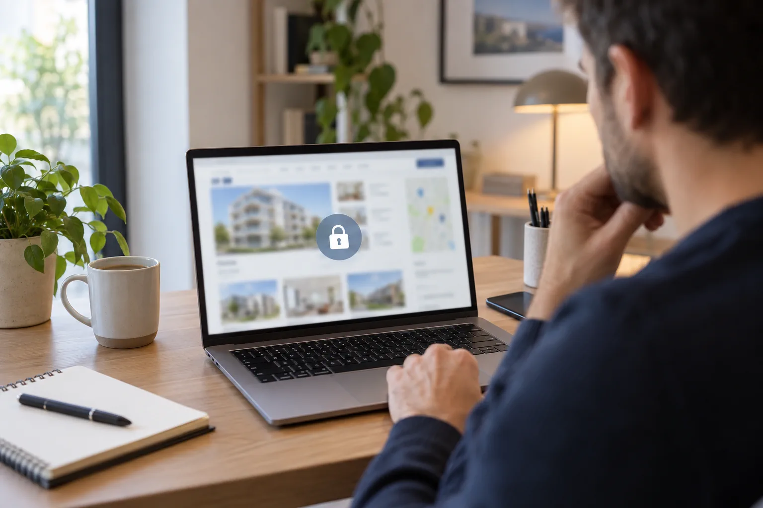 Adulte consultant un portail immobilier générique flouté avec un symbole de cadenas sur ordinateur.