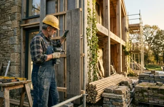 Ouvrier du bâtiment travaillant sur façade en pierre