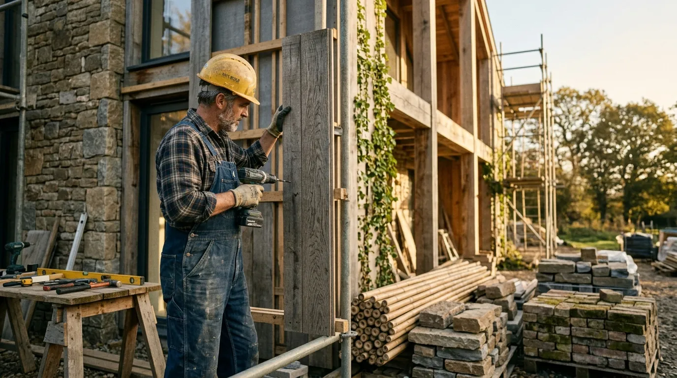 Ouvrier du bâtiment assemblant une façade en bois et pierre sur un chantier.