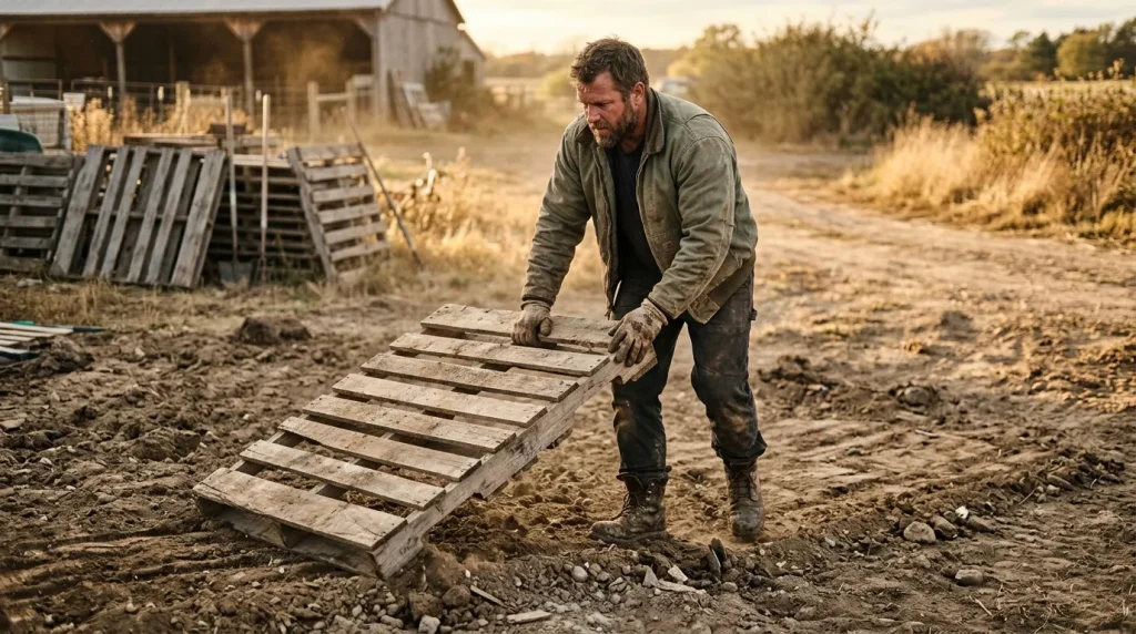 Homme en vêtements de travail manipulant une palette en bois