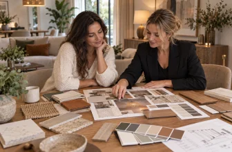 Une propriétaire et une décoratrice comparent des échantillons de matières dans un salon.