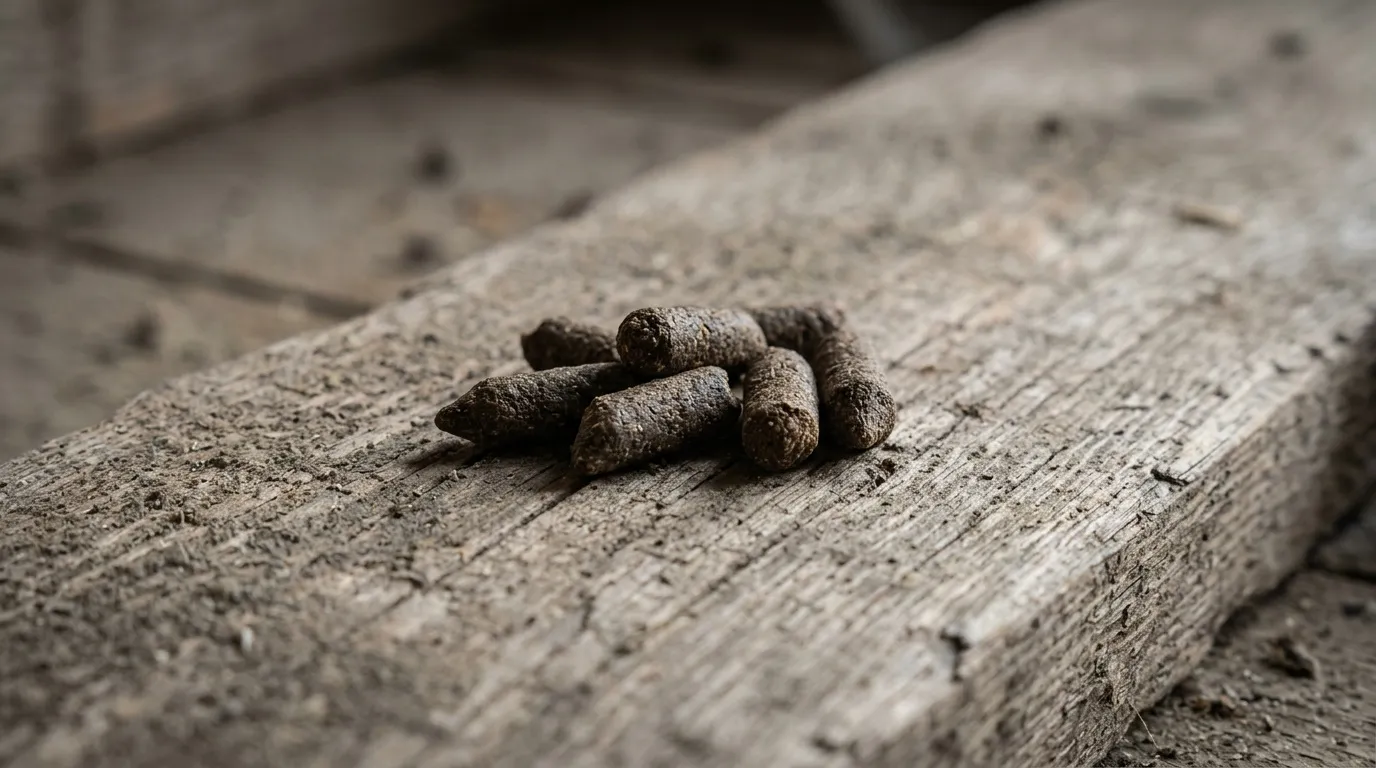 Petits amas sombres cylindriques sur une planche, pouvant évoquer des déjections de rongeur.