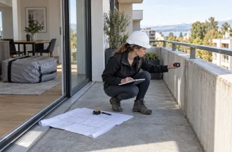 Une ingénieure inspecte la structure d’un balcon vide avant tout projet de spa.