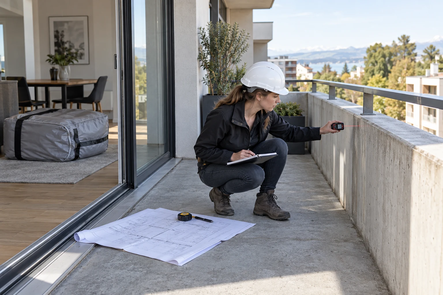 Une ingĂ©nieure inspecte la structure dâun balcon vide avant tout projet de spa.