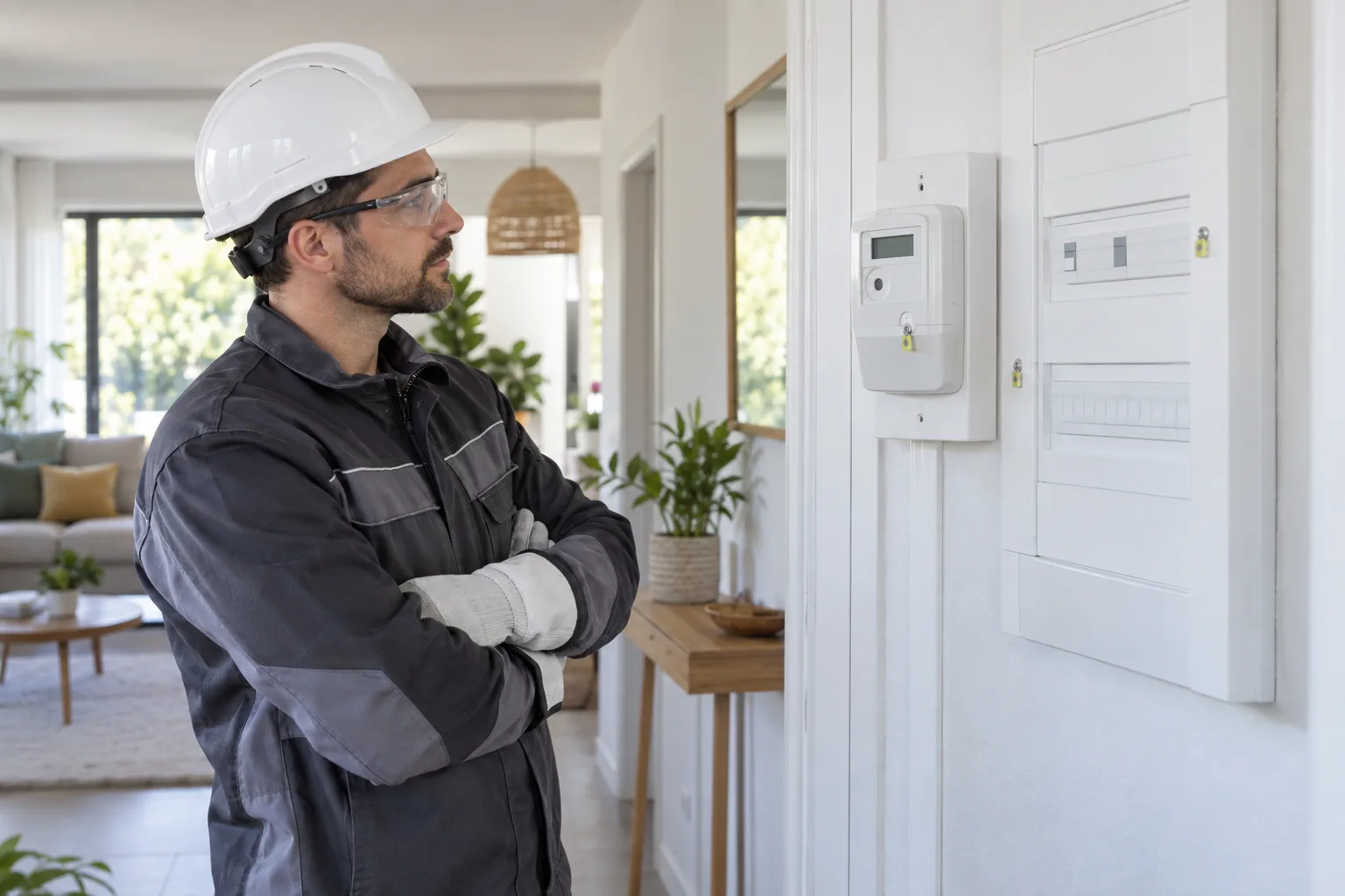 Électricien qualifié observant à distance un compteur scellé et un tableau électrique fermés.