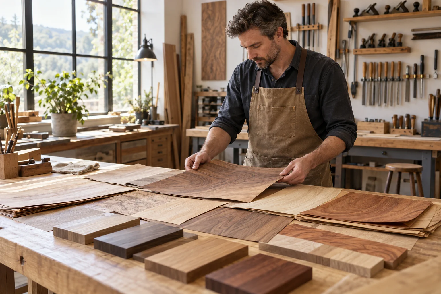 Ébéniste comparant des feuilles de placage et des échantillons de bois dans un atelier.