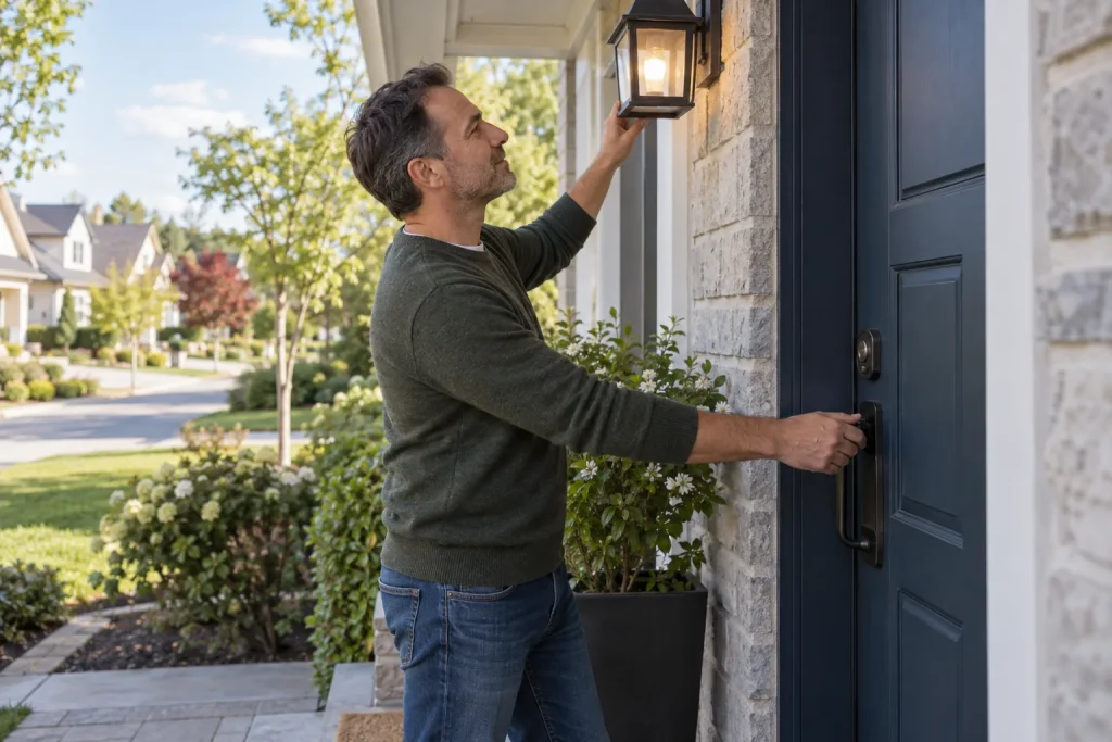 Propriétaire vérifiant la serrure de sa porte et l’éclairage extérieur en plein jour.