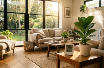 Salon lumineux avec canapé beige, plantes vertes et hygromètre numérique