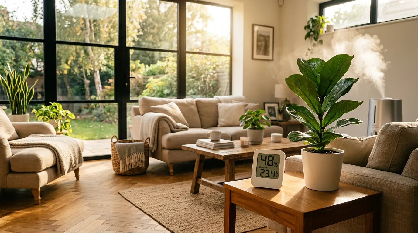 Salon lumineux avec un hygromètre affichant 48 % près de plantes et d’un humidificateur.