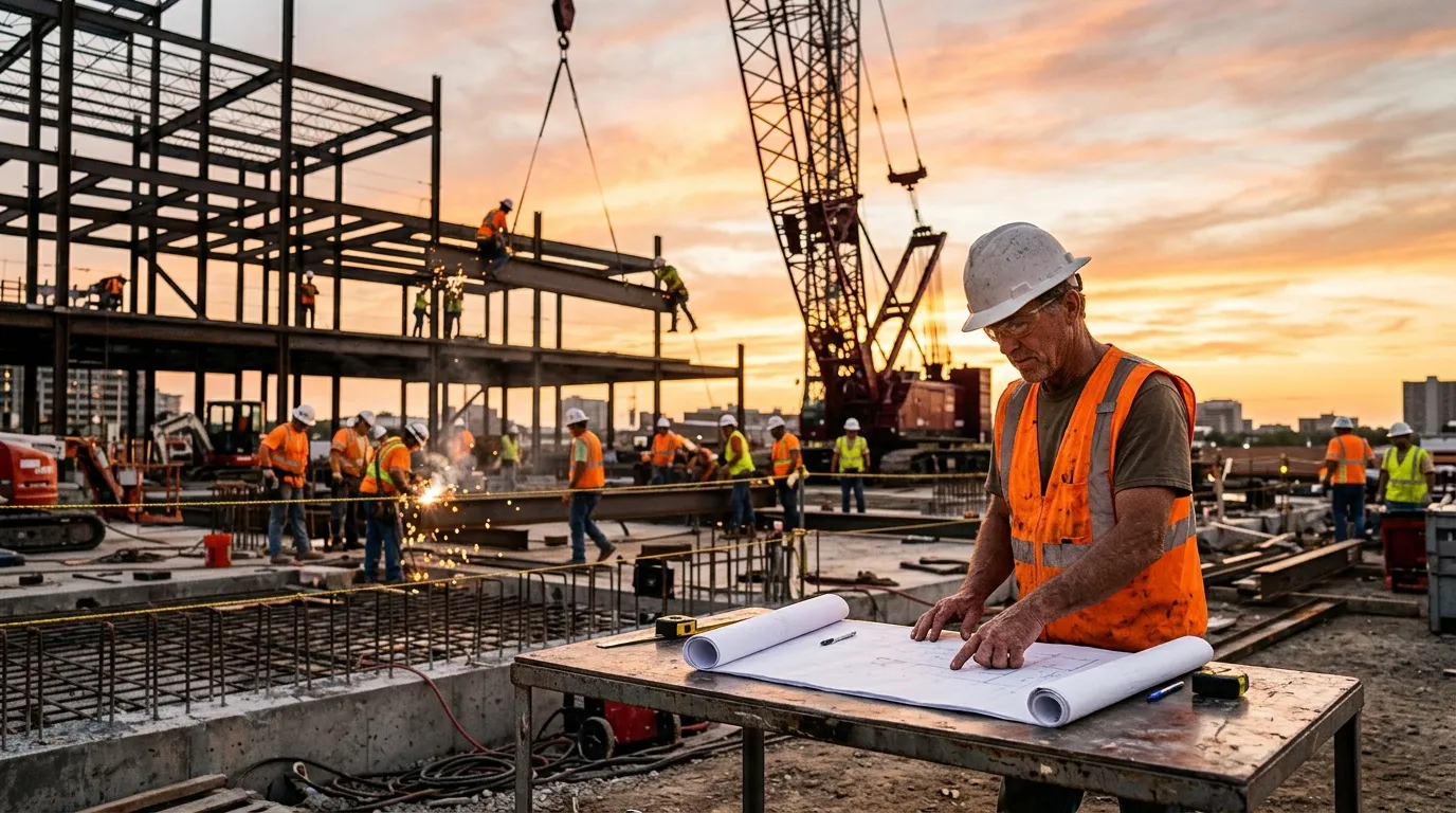 Contremaître casqué examinant des plans sur un chantier de construction.