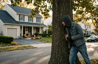 Homme en hoodie caché derrière arbre observant maison