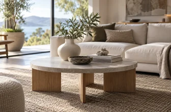 Table basse contemporaine générique en bois clair dans un salon design lumineux.