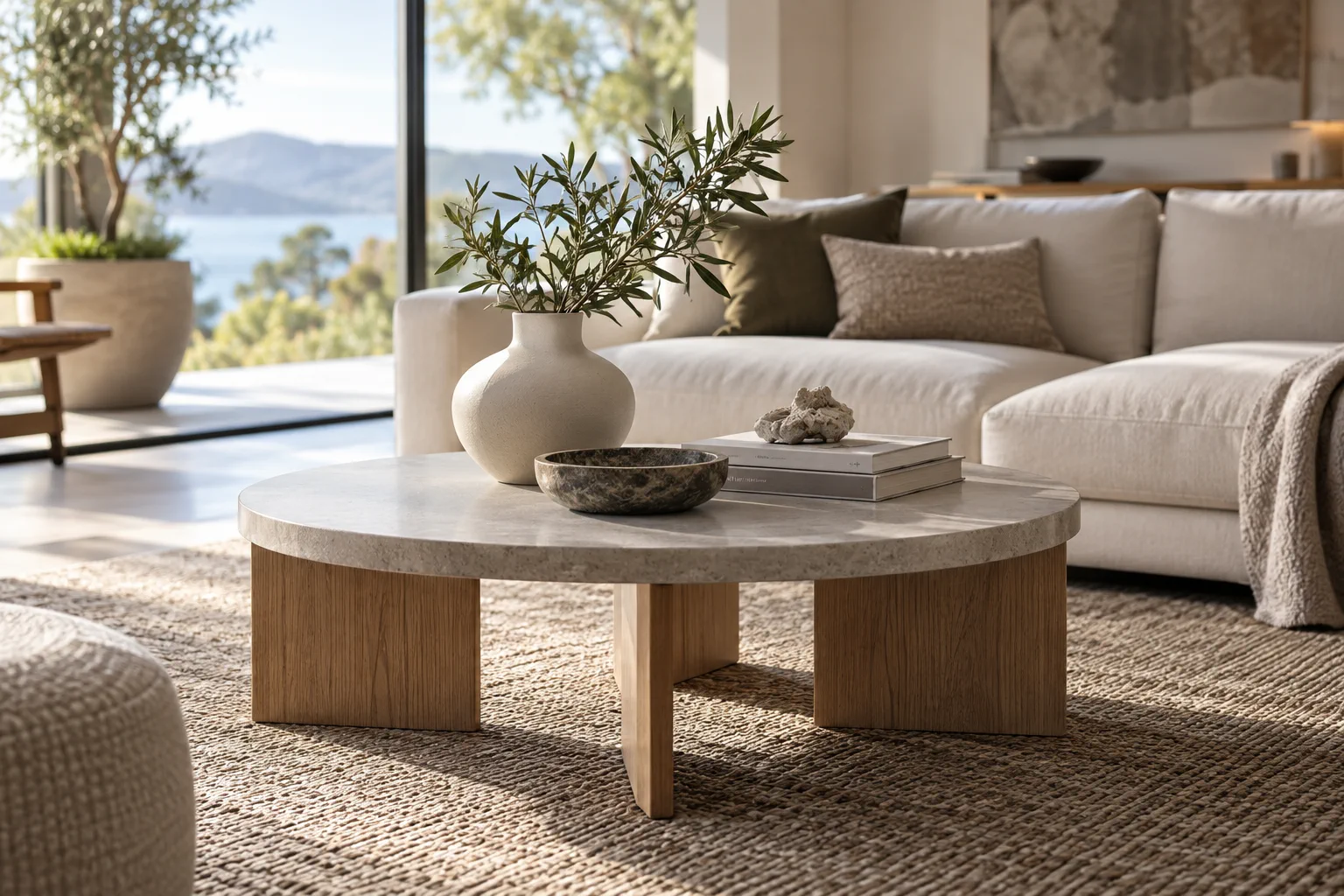 Table basse contemporaine générique en bois clair dans un salon design lumineux.