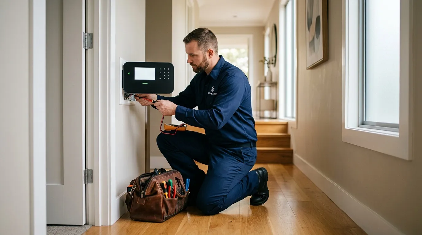 Technicien installant un panneau de contrôle de sécurité générique dans une maison.