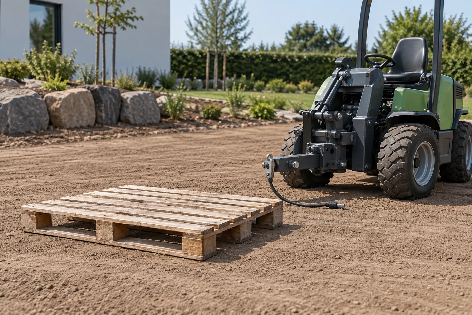 Palette posée à plat sur un terrain nivelé près d’un engin de jardinage arrêté et inoccupé.